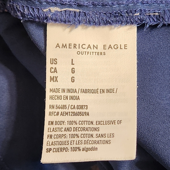 American Eagle Mini Dress Large Peasant Puff Sleeve Blue White Stripe Cinch - Picture 10 of 12